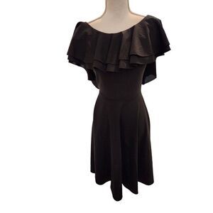 Vintage 70s Black Polyester Full Flounce Neckline Sleeveless Dress S Disco Dance